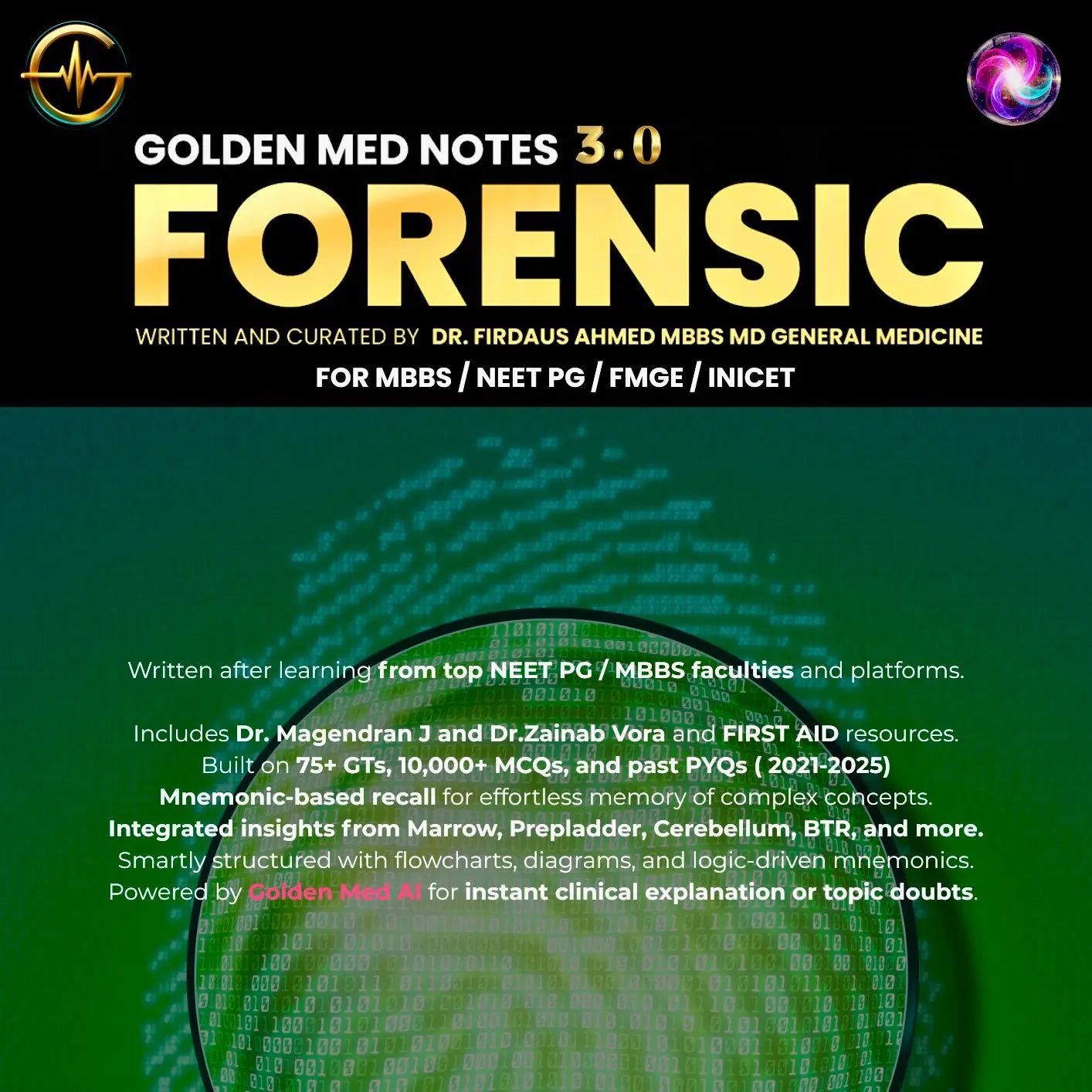 Forensic Medicine study notes digital edition by Golden Med Notes 3.0 with curated MCQs, flowcharts, mnemonics, and AI access for medical exam preparation
